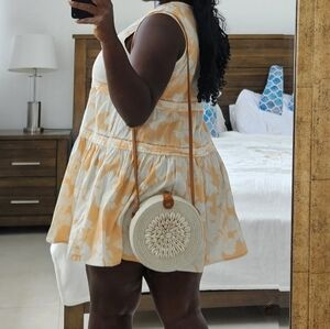 Round Cream Woven Crossbody Bag with Brown Strap